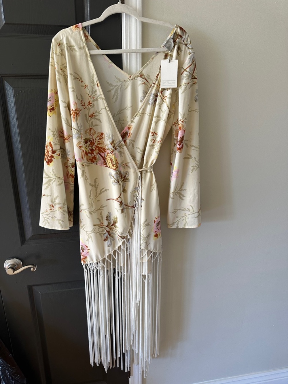 ASOS Cream Floral Long Sleeve Wrap Dress with Fringe